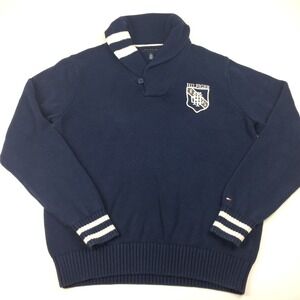 Tommy Hilfiger Sweater Mens XL Shawl Collar Crest Blue Embroidered Patch‎ Logo